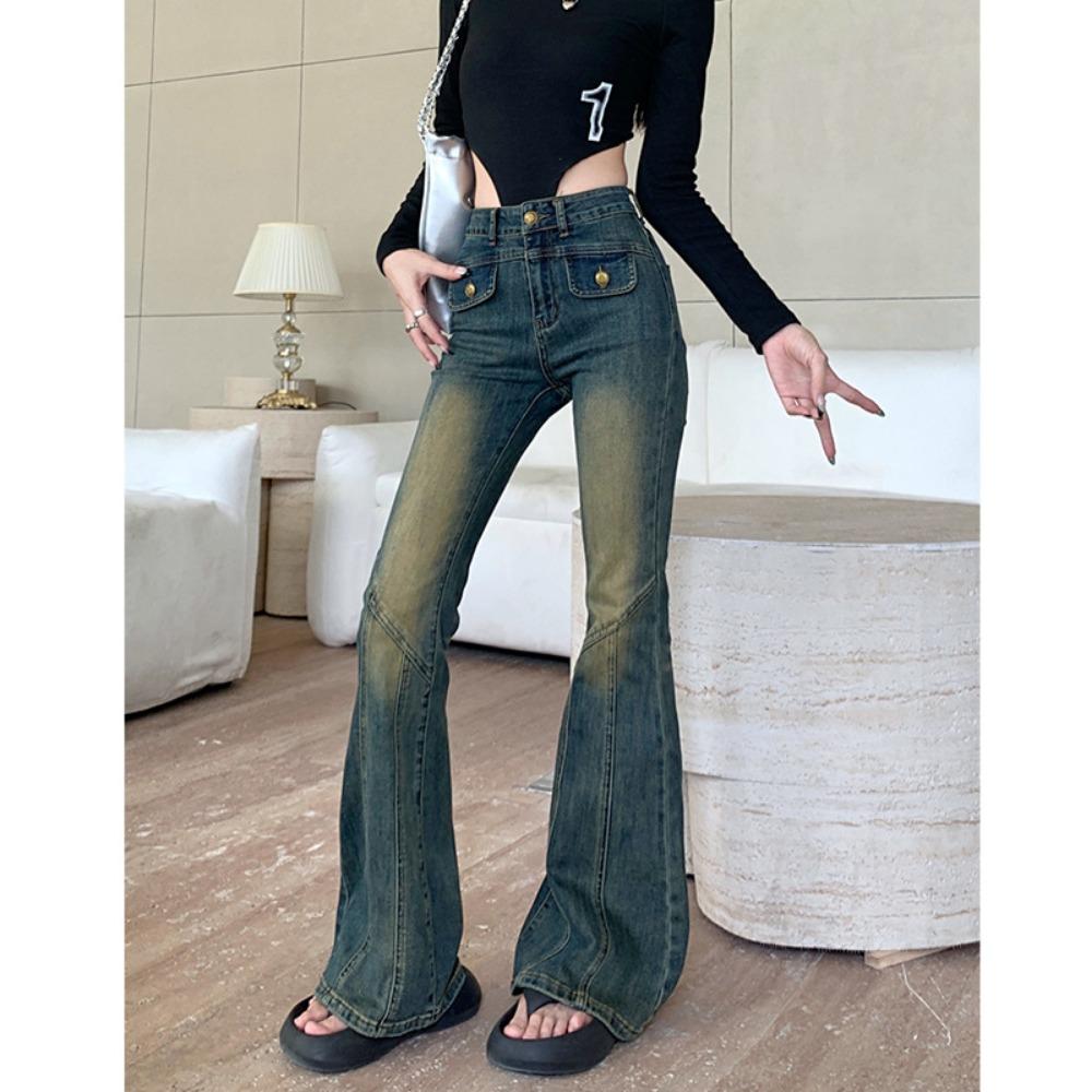Spice girl personality street high-waisted micro-pull jeans women's spring and autumn new thin micro-pull horseshoe jeans
