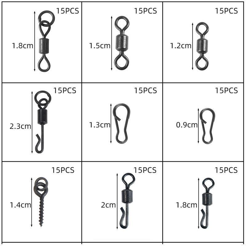 300pcs Carp Fishing Accessory Kit With Black Q-Style Swivel Long Arm Snap Bead Stopper Soft Tip Tube
