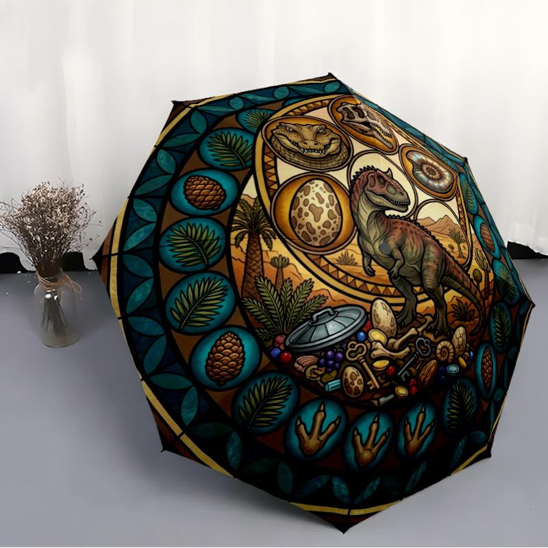 Dinosaur Glass Art Pattern Umbrella, Portable and Foldable Design, 8 Ribs, a Casual Accessory for Halloween, Christmas, and Birthday Gifts.