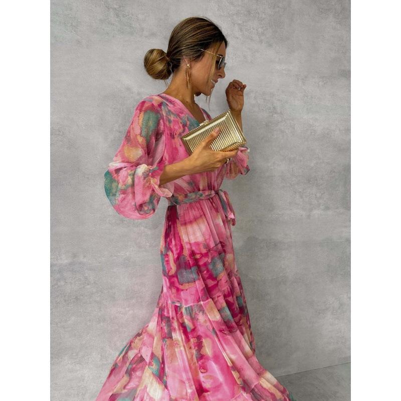 Women's Long Sleeve V Neck Watercolor Print Ruffle Hem Maxi Dress with Belt
