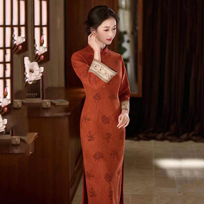 Orange national style new Chinese long autumn long-sleeved cheongsam improved young women's high-end sense retro slim spring and autumn