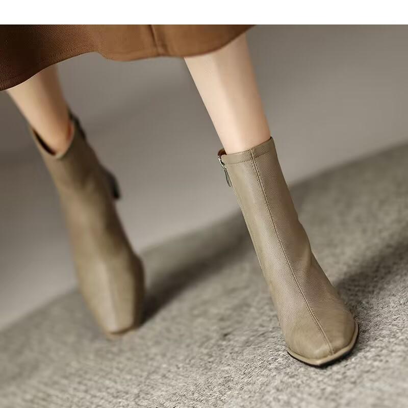 New Women Ankle Boots Square Head Suede Thick Heel Single Boots Low Barrel Mid Heel Side Zipper Solid Color Women Boots