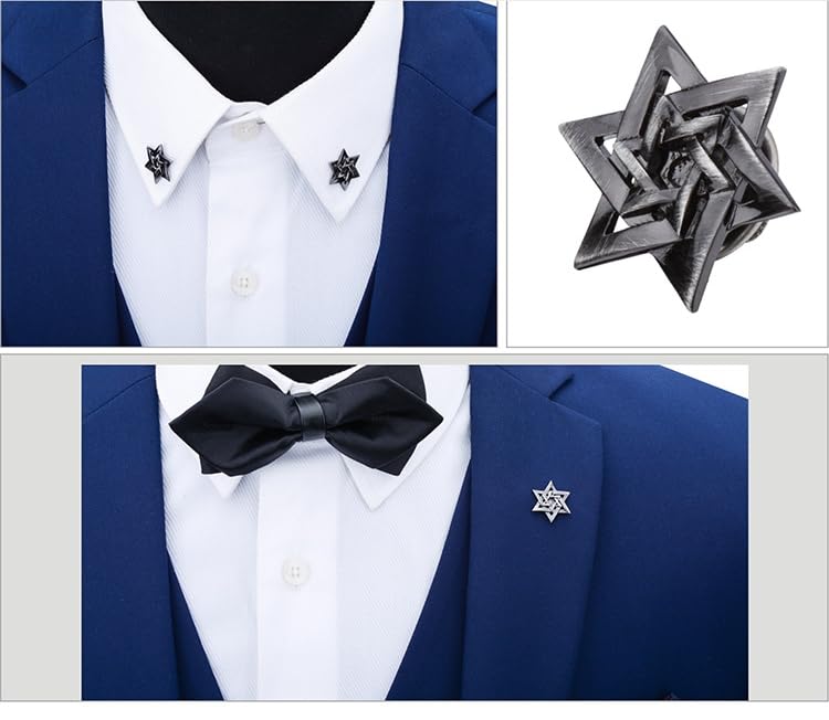 Rockyu Men's Hexagonal Star Chest Pin, Gunmetal Stainless Steel, 3D Design, Fashion Accessory, Business, Wedding, Stylish Design