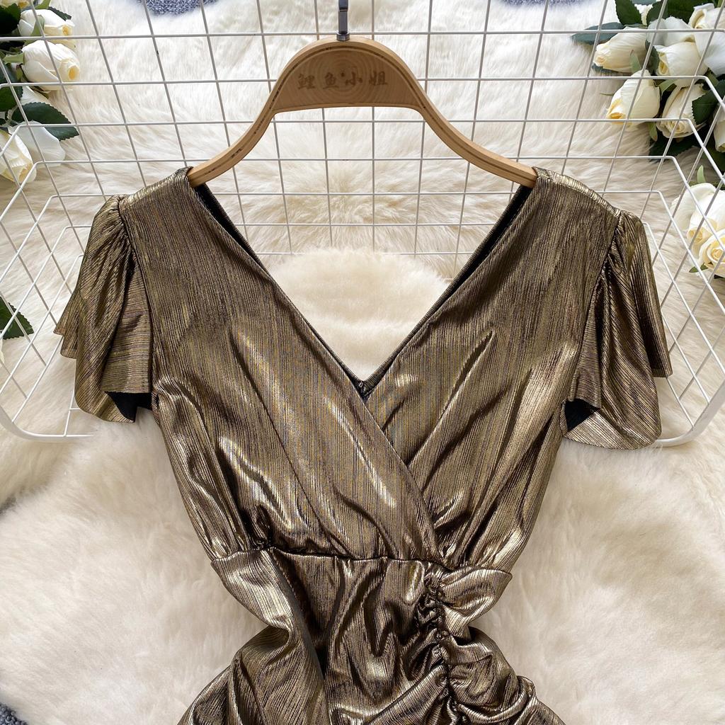 Summer Women V-neck Mini Short Sexy Club Party Fold Dresses