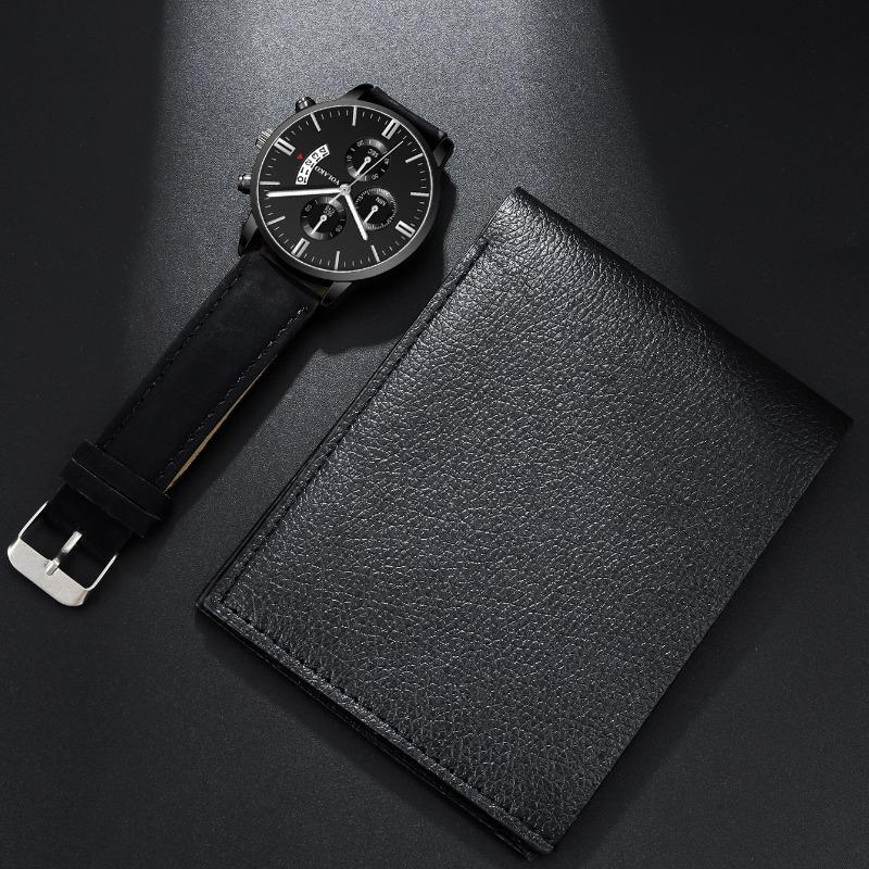 2-teiliges Set Herrenmode-Uhren Herren Neue Luxus-Leder-Kalender-Quarz-Uhren & Schwarze Leder-Geldbörse Herren-Geschenke Beste Wahl