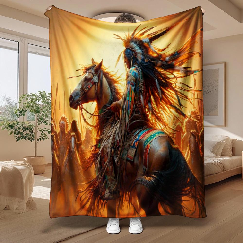 Local American Warrior on Horse, Gift for History Lovers, Blanket, Golden Sunset Art Design, Multi-Purpose Home Decor, Soft Cozy Comfort