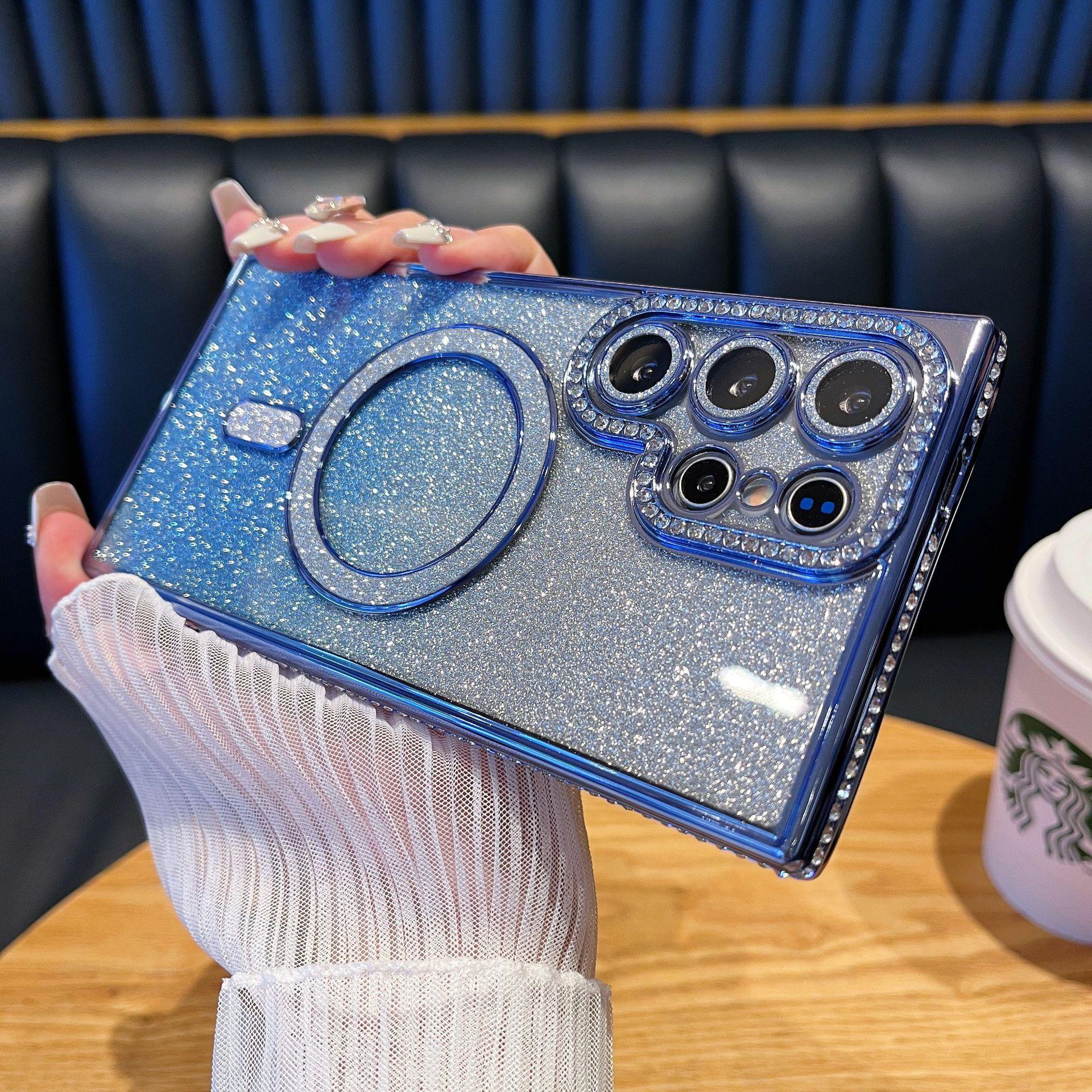 

Водяной бриллиант рамка магнитный флэш-порошок подходит для чехла телефона Samsung S25ultra S25EGDE инкрустированная бриллиантами пленка для линз чехол A16 Samsung A55 синий