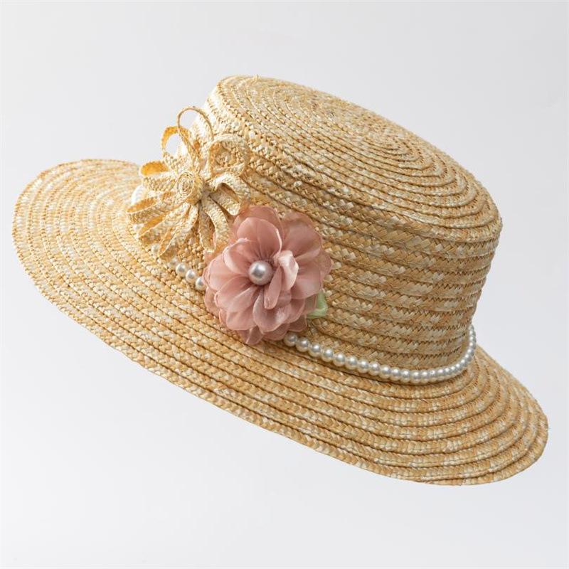 French retro temperament pearl handmade flower flat top gift hat women's summer seaside beach vacation sunshade sunscreen straw hat