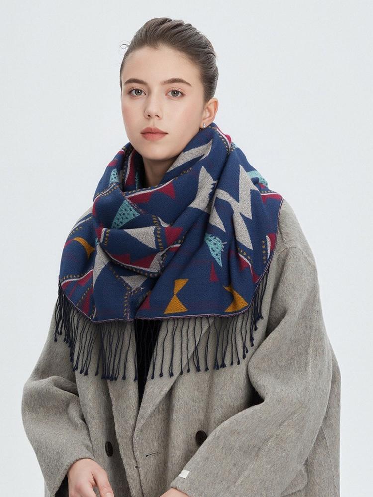 Women Retro Print Knitted Scarf Headscarf Elegant Lady Casual Tassel Warm Scarve Mujer Foulard Long Wrap Shawl Winter New