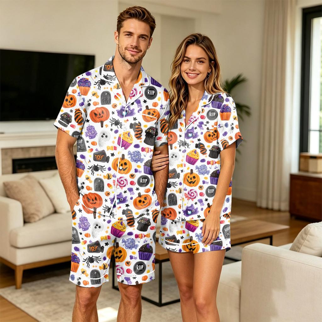Men's Halloween Printed Short Sleeve Pajama Set with Chest Pocket and Matching Shorts for Couple Wear