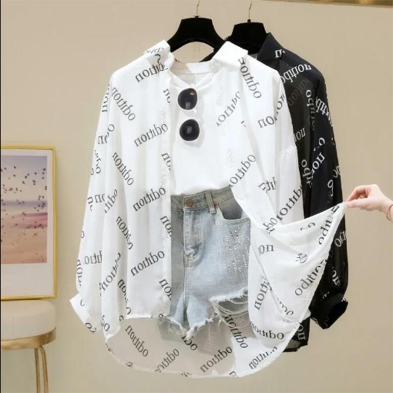 Chiffon Sun Protection Clothing Women's Loose Summer Solid Color Letters Wild Thin Coat Long-sleeved Air-conditioning Cardigan