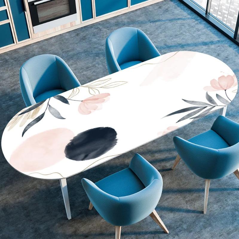 Elastic Stretch Waterproof Tablecloth Oil-Resistant Oval Fitted Table Cover for Kitchen Dining Wedding Party Outdoor Courtyard