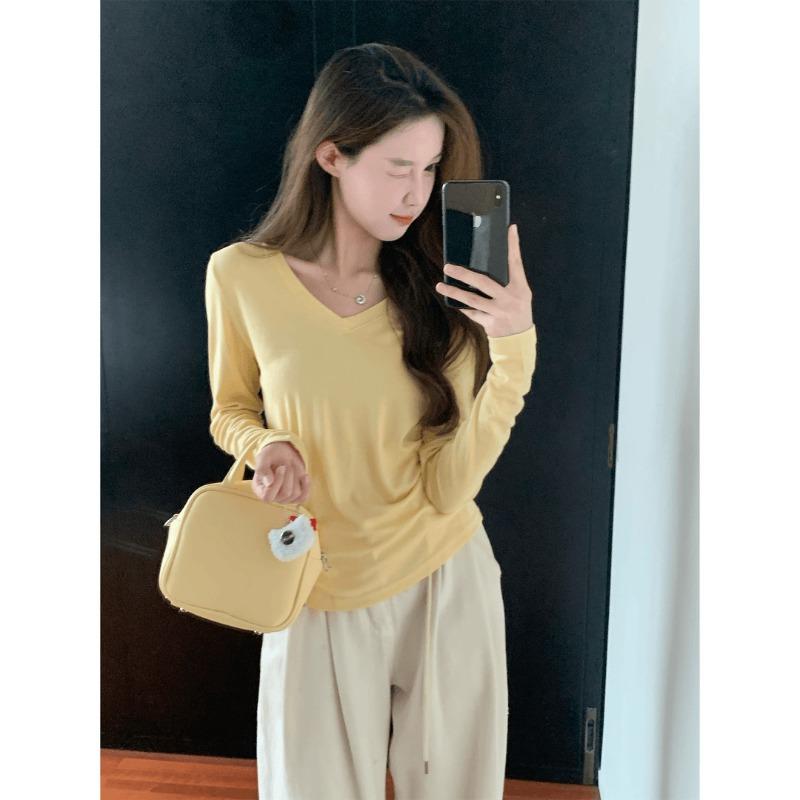 Spring yellow white collar careful machine simple versatile long-sleeved shirt women's bottoming shirt thin inner top