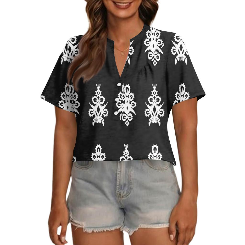 Modisches, lässiges Damen-Top mit V-Ausschnitt, Knopfleiste, Oversize-Schnitt, kurzen Ärmeln und Print