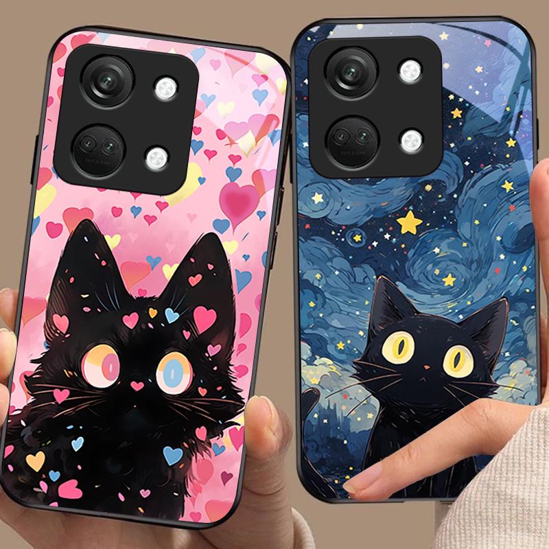 Cute Little Cat For OnePlus Nord 3 5 6T 7 Pro 8 12 10T Reno8 Lite 5G 10R Nord N30 Hard Shell Tempered Glass Phone Case Black