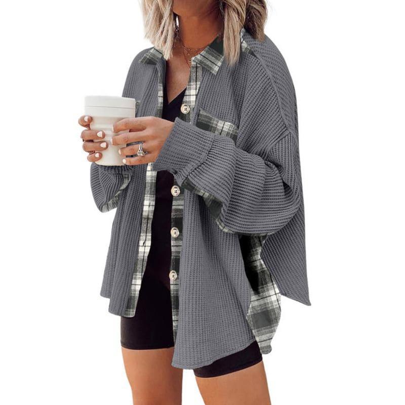Women Casual Waffle Knit Jacket Loose Plaid Shirt