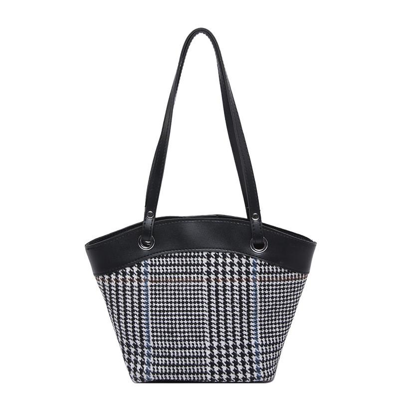 Contemporary And Versatile Plaid Pattern Large Capacity Women s Bucket Handbag Black Style 1