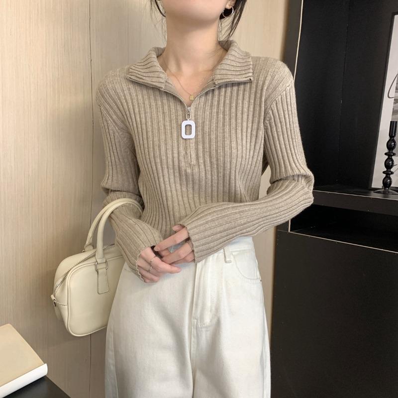 Design Sense Semi-zipper Long-sleeved Knitted Sweater Women's Spring New Thickened Pit Strip Bottoming Shirt with Sweater Inside