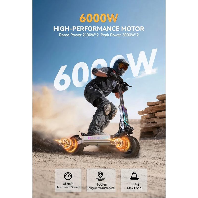 OOTD T90 E-Scooter Peak Power 3000W*2 Motor 60V31.2ah Off-road Electric Scooter 13 Inch Tire All Terrain NFC Features EScooters