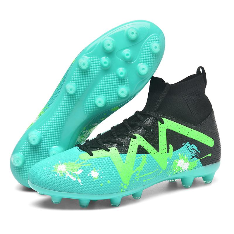 

Мужские футбольные бутсы с высоким берцем, большие размеры, кожаные бутсы с длинными ногтями для мальчиков 35-47, детские футбольные бутсы 47 циан/чёрный