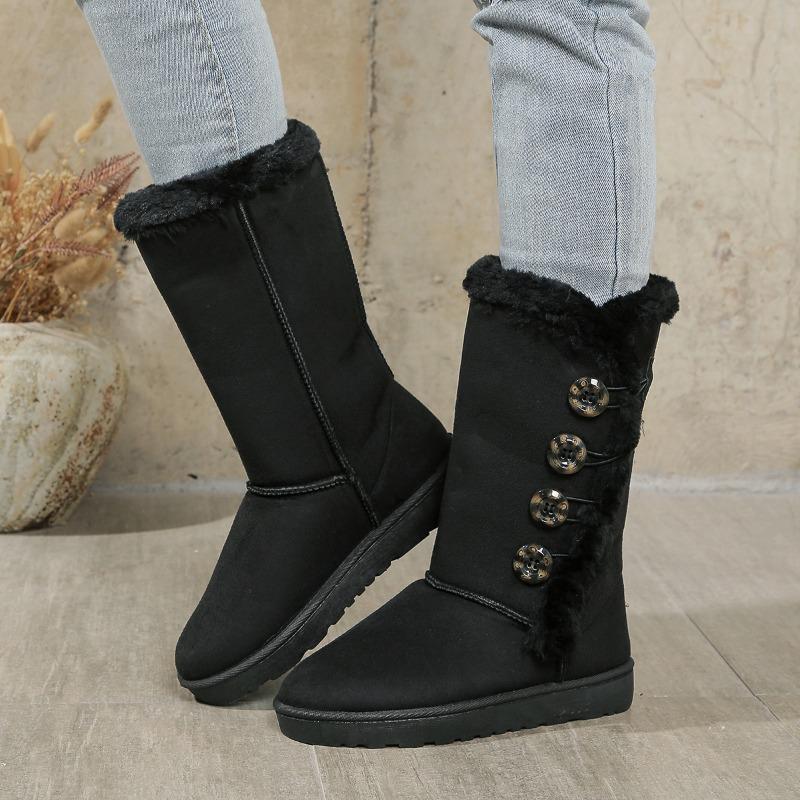 Button Snow Boots Women Winter Korean Style Round Head Plus Size Cotton Shoes Warm Flat Shoes