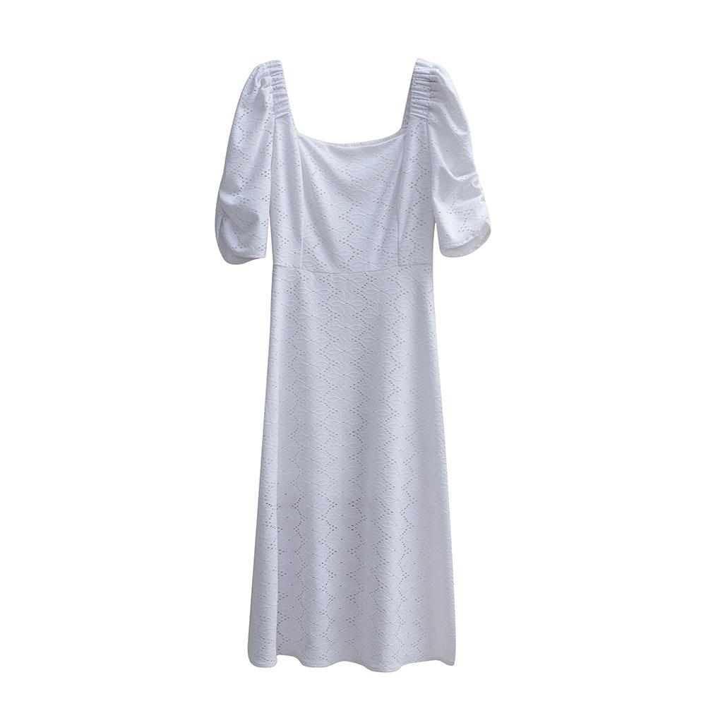 

Сплошной цвет с квадратным вырезом женское летнее элегантное длинное платье с коротким рукавом и вырезом S белый