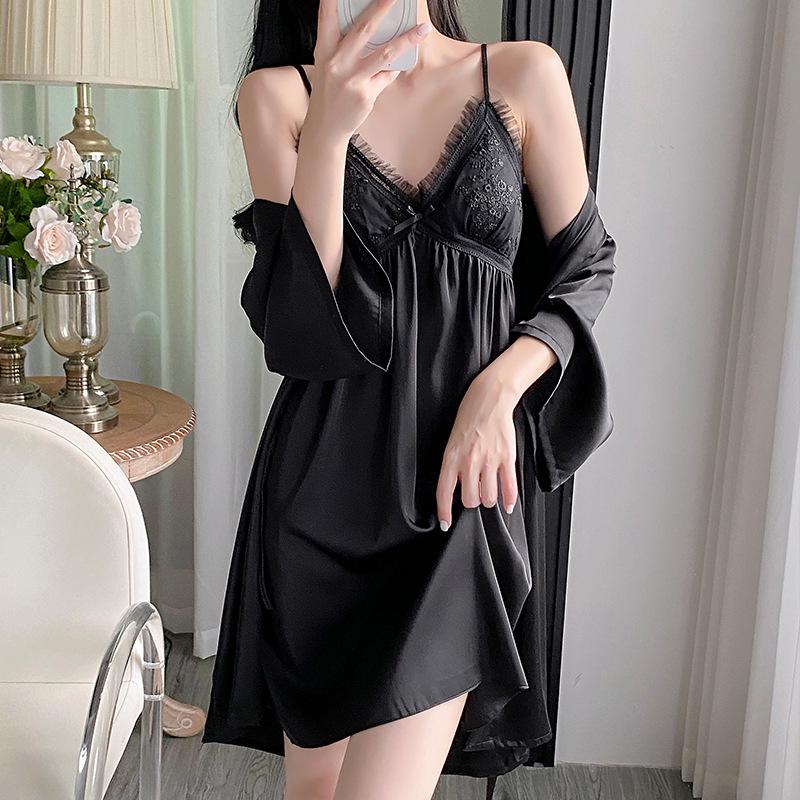 2025 Satin Spring/Autumn Pajamas: Sexy Women's Nightdress & Lace Homewear Set with Chest Pad In Ice Silk
