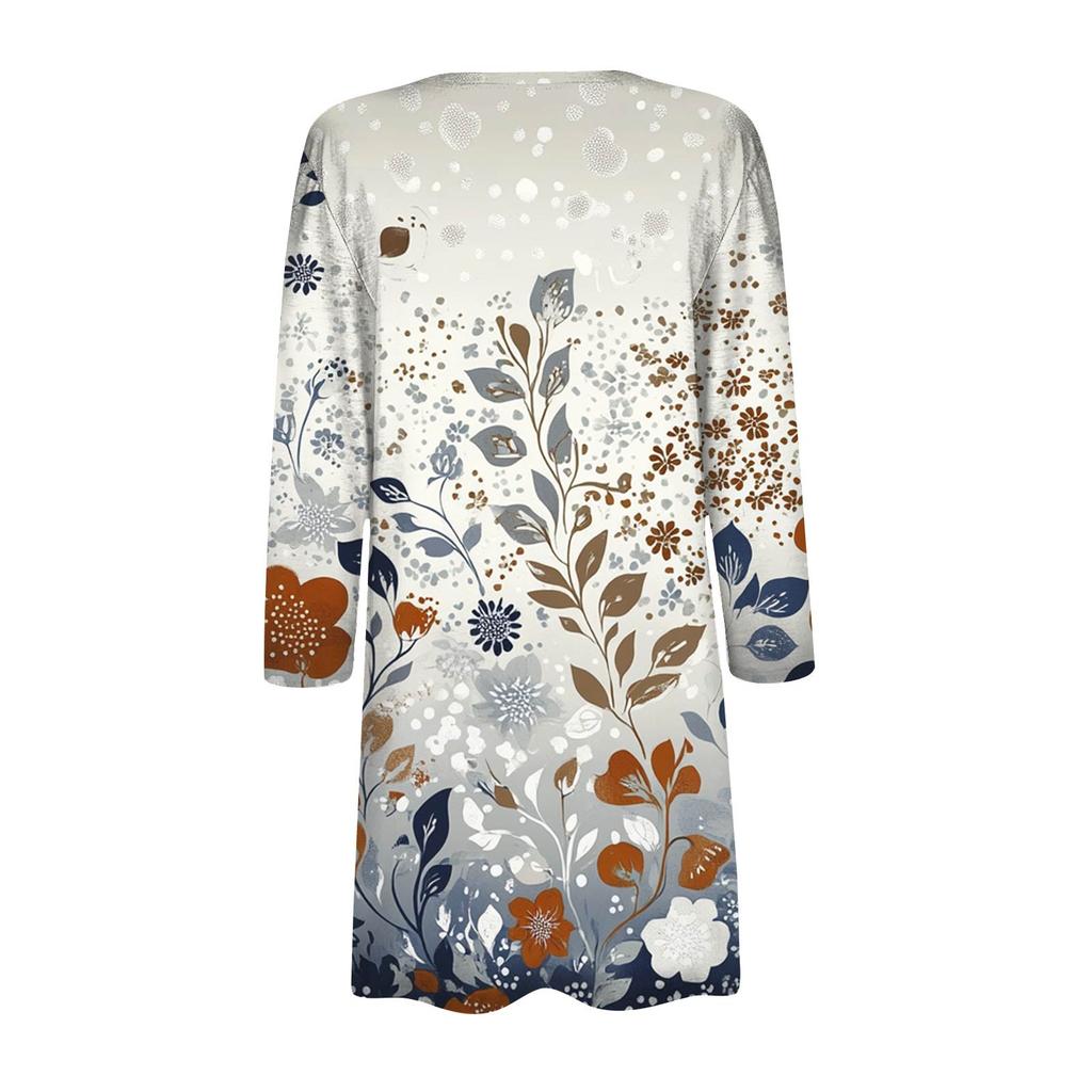 Women's Fashion Loose Casual Pocket Printed Cardigan Seven Sleeve Jacket Top