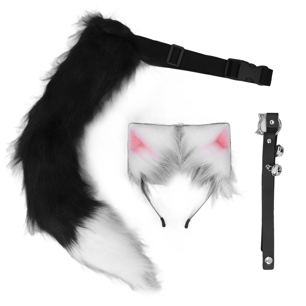 Cat Ears and Wolf Animal Tail Cosplay Costume Faux   Hair Clip Headdress Halloween Leather Neck Chocker Set Animal Cosplay Party Costume