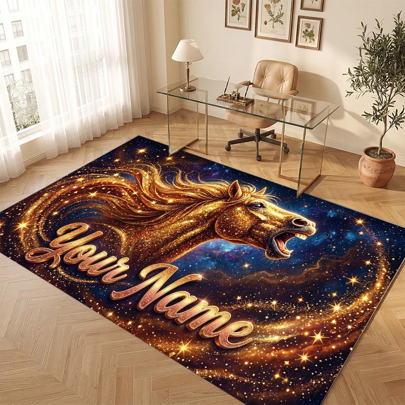 Horse Theme Soft Crystal Velvet Rug Custom Name & Text Print Non Slip Floor Rug for Bedroom Living Room