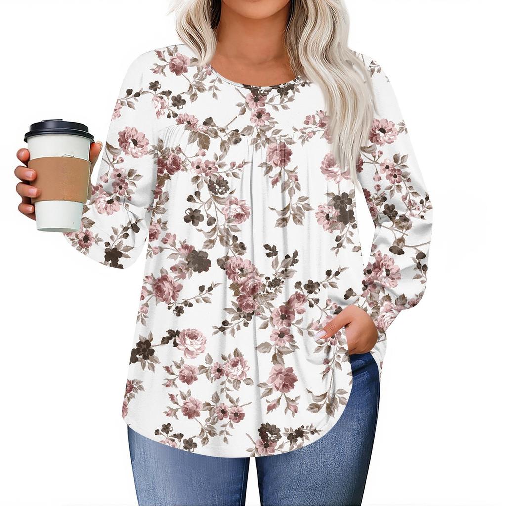 Dámské topy plus size košile s dlouhým rukávem kulatý výstřih splývavá tunika ležérní volná halenka L-5X