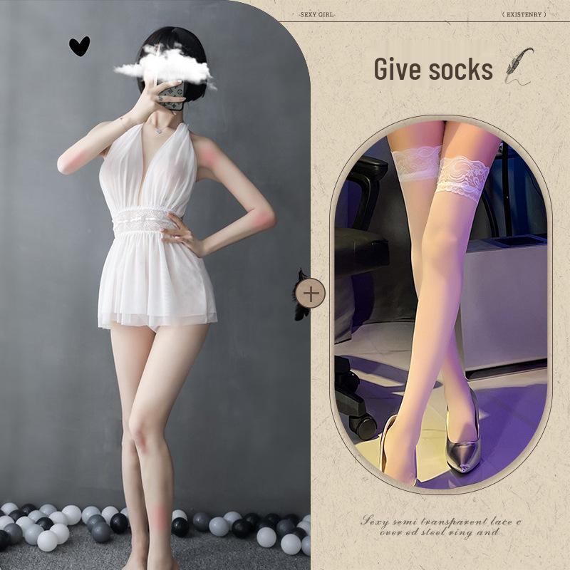 European-American Deep V Backless Mesh Halter Nightdress