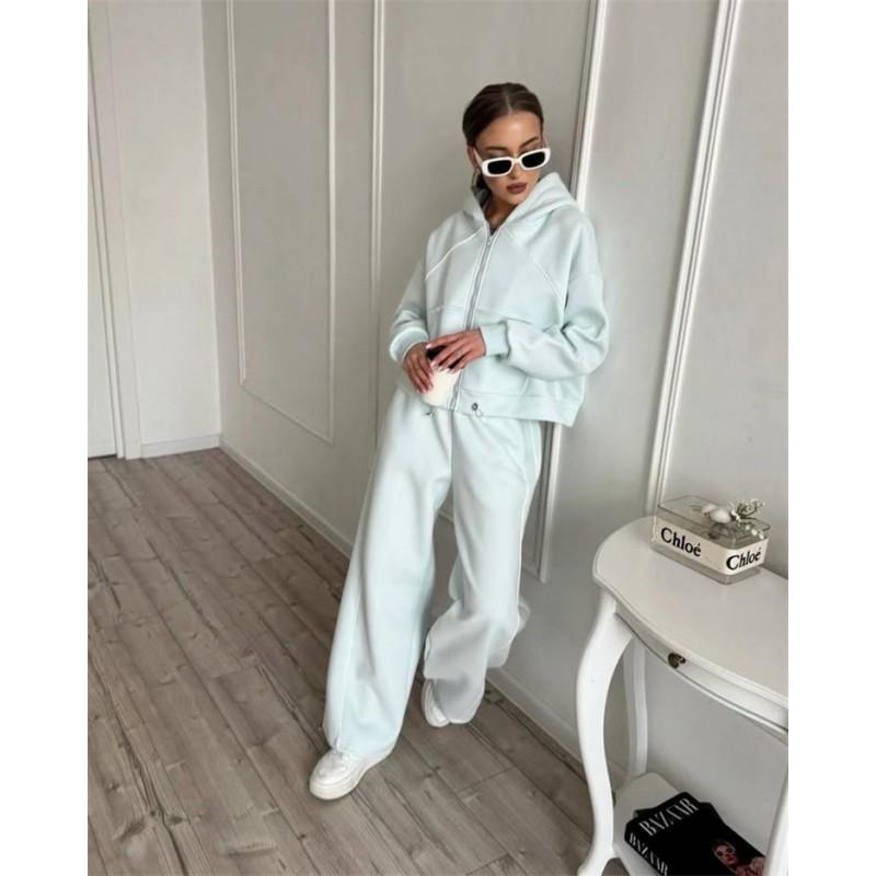 Womens 2-Piece Tracksuit Solid Color Long Sleeve Zip Up Top Elastic Waist Pants Casual Sportswear