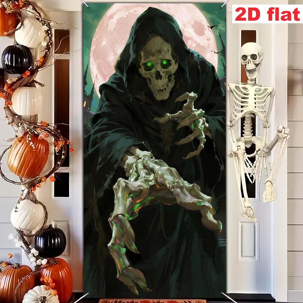 1pcs Halloween door flag with skull  green glowing eyes  and full moon  suitable for indoor/outdoor party decoration