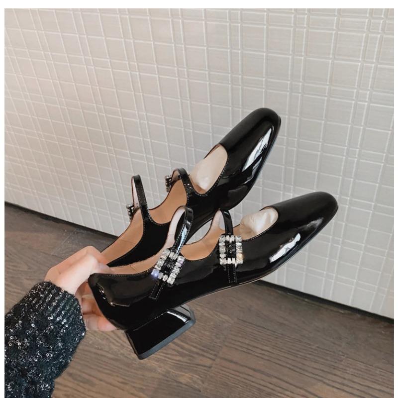 Sheepskin version~ Square head leather rhinestone shoes with shallow mouth single shoes women's thick heel retro Mary Jane shoes