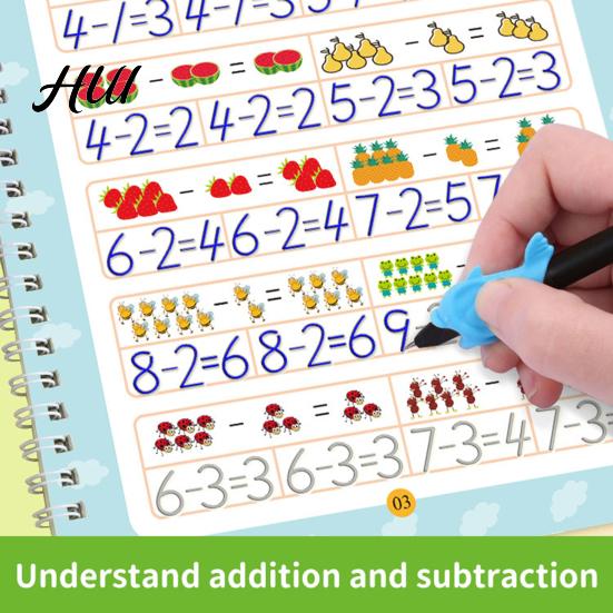 Livre d'écriture de lettres et de chiffres pour enfants 4 pièces Cahier d'exercices Pratique Cahier d'écriture Kit Cahier de travail avec Lettres pour Enfants d'âge préscolaire Chiffres Anglais Rainuré