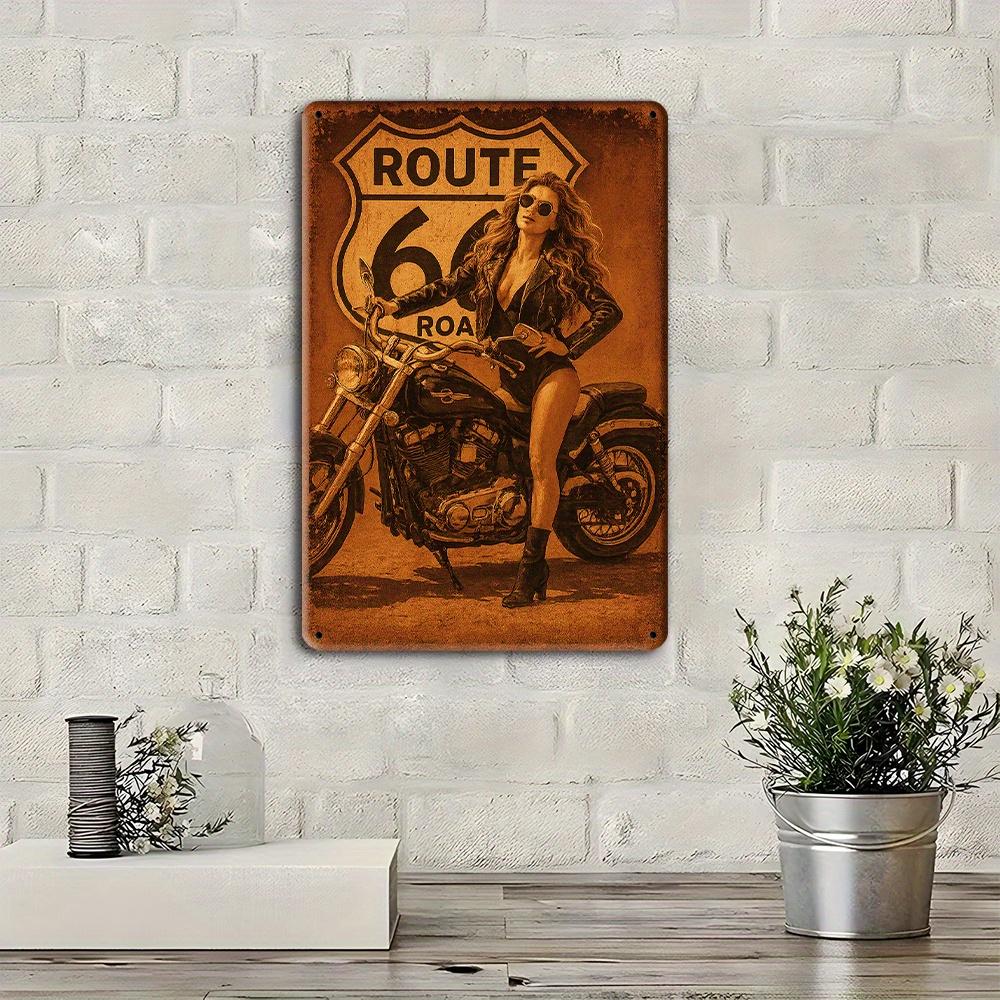 Vintage Route 66 Motorcycle Sign - Retro Aluminum Wall Art for Cafe & Bar Decor