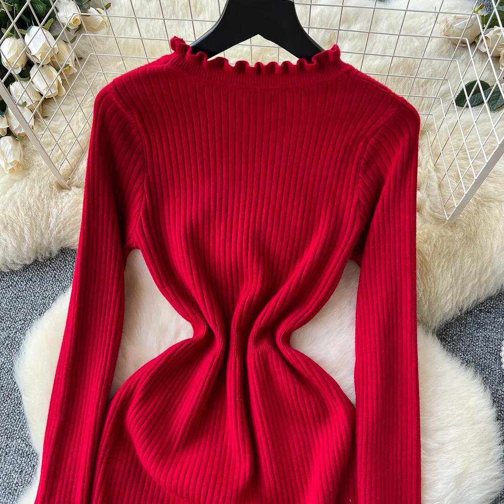 French Sweet  Elega O Neck Solid Knit Long Sleeve Ruffle Dress Women Basics Fashion Summer Spring Dress