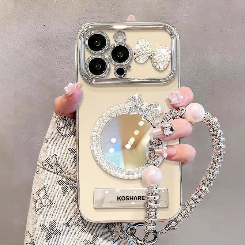 

Mirror Bow Doll Bracelet Suitable for Apple 16 Large Window Mobile Phone Case with Bracket 15 Electroplated Anti-fall 14pm iPhone XS Max