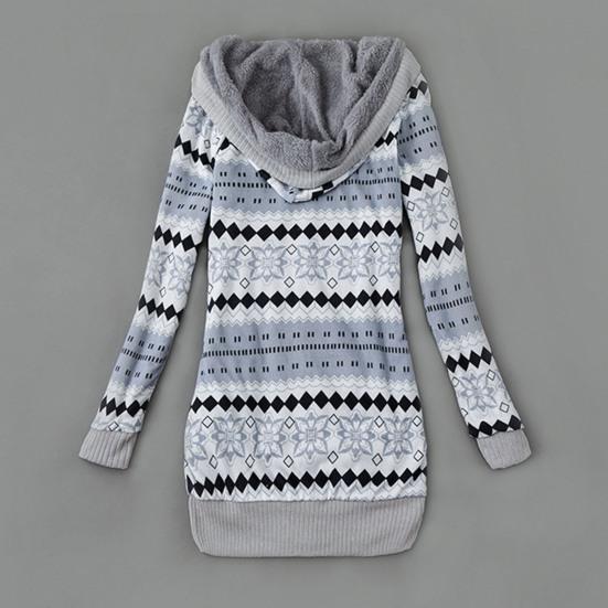 Stribet Print Langærmet Sweaterfrakke Efterår Vinter Knaplukning Hætte Plysforing Sweater Cardigan Ydertøj