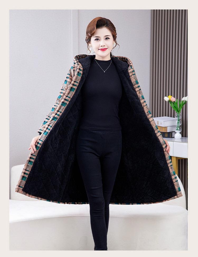 Women's Mid-length Plaid Cotton Coat - Velvet-lined, Thickened for Autumn/Winter