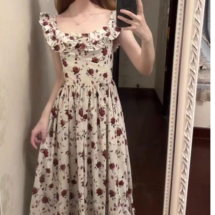 

French high-end feeling flying sleeves floral dress women s summer new gentle temperament waist and thin long dress 2XL