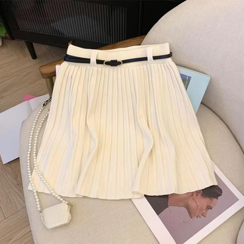 Autumn Winter Knitted Pleated Skirts Women Korean Fashion High Waist A-Line Skirts Ladies Elegant Streetwear Gray Skirt