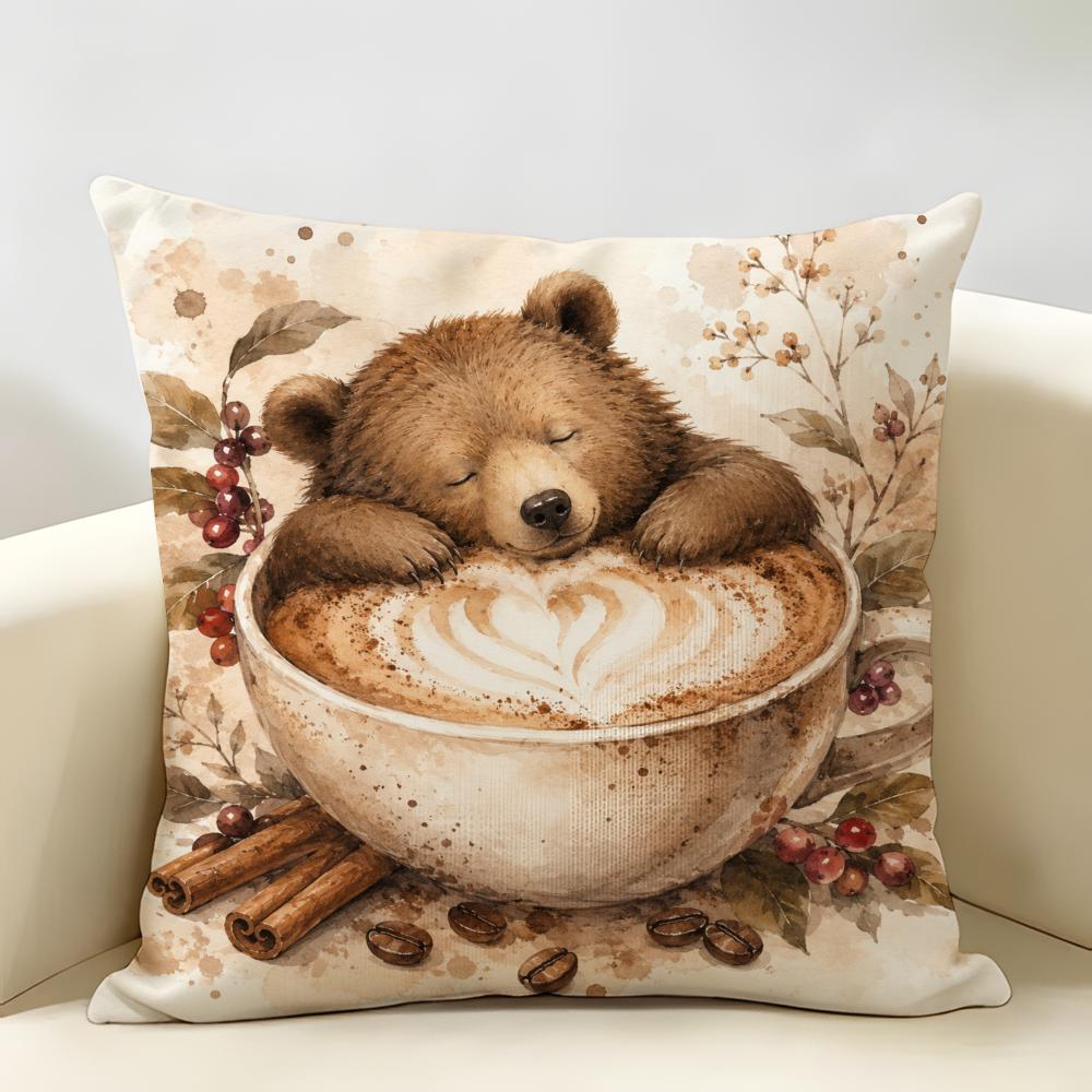 Cool Funny Bear Coffee Cushion Cover Durable Hypoallergenic Organic Linen Pillow Cover Short Size Washable Skin-Friendly
