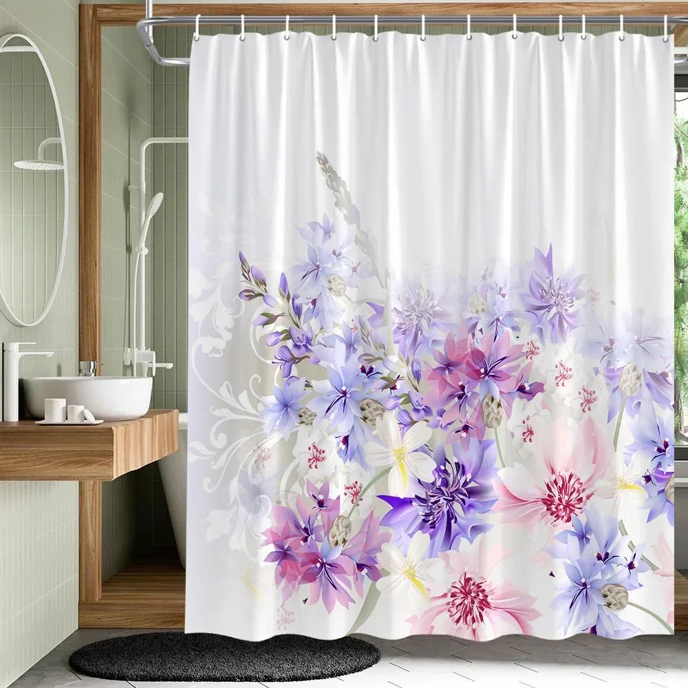 Plant Leaves Flower Bath Curtains Set Garden Floral Drum Tower Fabric Bathroom Decor Splash Resistant Partition Bath Curtains