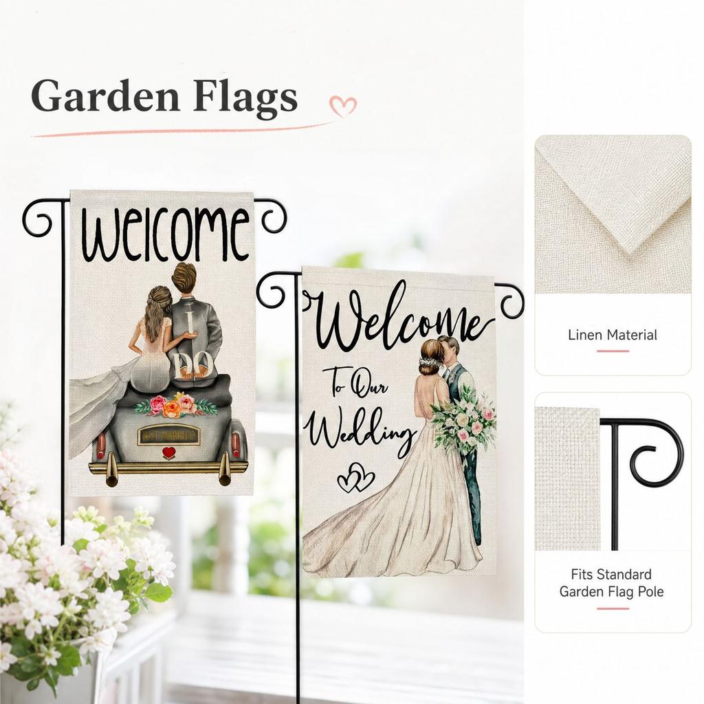 Wedding Linen Garden Flag, Welcome Yard Flag for Porch Patio, Couple Design Hanging for Wedding Decor