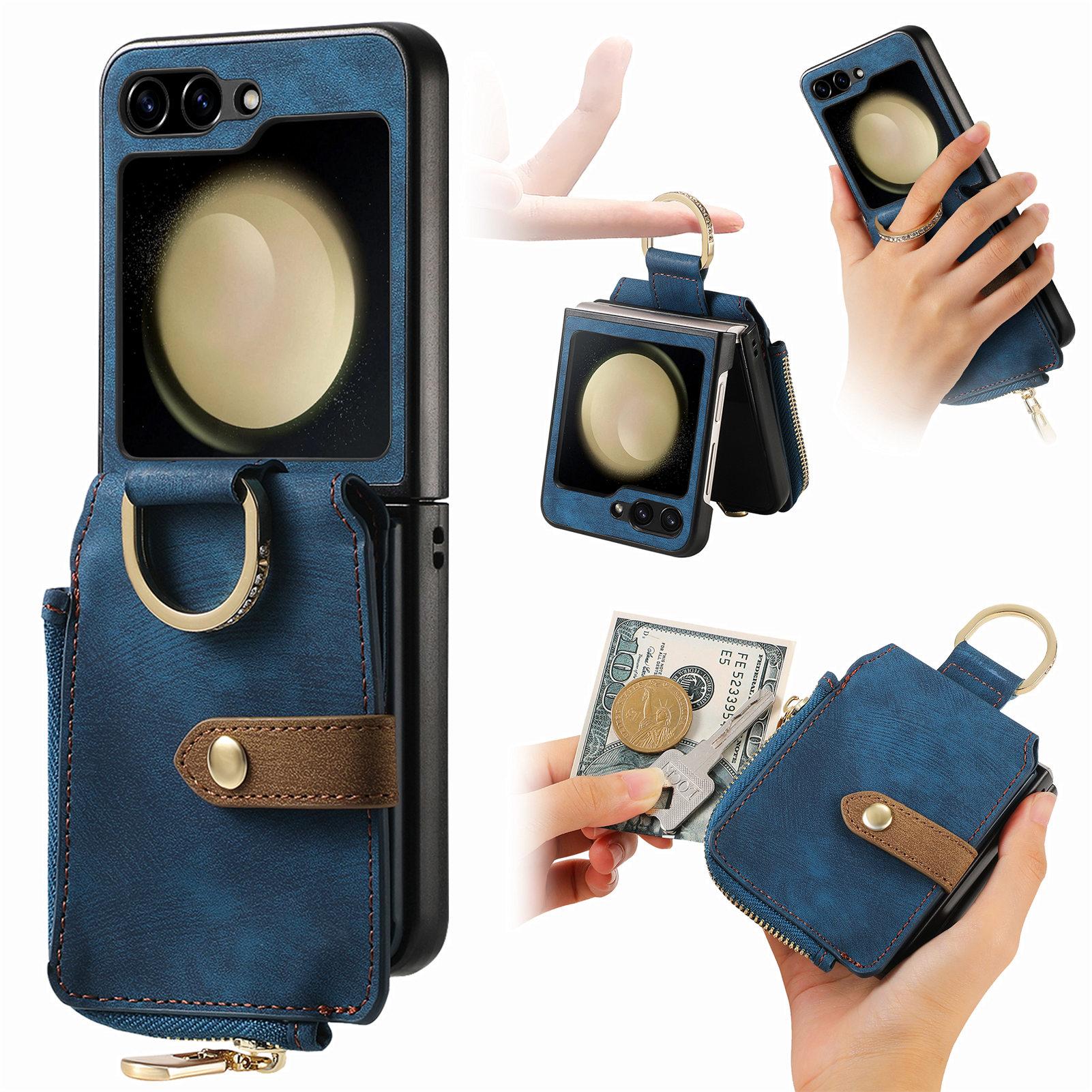 

For Samsung Galaxy Z Flip7 FE 5G/Z Flip6 5G Case Zipper Pocket Finger Ring Retro Leather+PC Phone Cover Blue