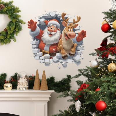 Muro Rotto Babbo Natale e Alce Soggiorno Ingresso Casa Festival Abbellimento Adesivi Murali