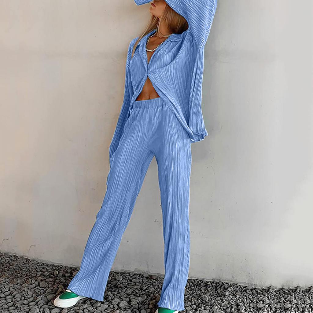 Women's 2 Piece Casual Outfits Long Sleeve Button Down Shirt High Waist Long Pants Loungewear Streetwear