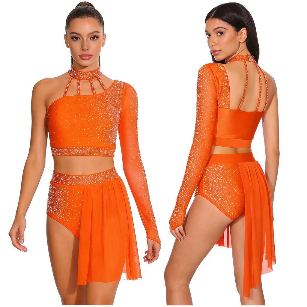 Women's Latin Dance Costume S-XXL: Asymmetrical Halter Top with Single Sleeve & Stappy Back + Rhinestone Mesh Hem Shorts